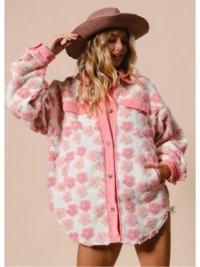 Bibi Floral Pink High Pile Fleece Shacket Corduroy Trim Button Up Women’s L Coat